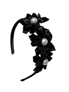 Black Flower Pearl Accent Adorable Hair Ribbon Girl Headband Hair Accessory - Picture 1 of 4
