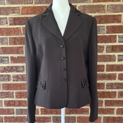 Tahari ASL Arthur Levine Brown Bead Floral Trim Evening Career Jacket Blazer 10 - Image 1 of 4