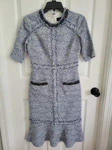 Vestido midi Teri Jon By Rickie Freeman azul tweed con cuentas flecos volantes dobladillo talla 2 - Imagen 1 de 9