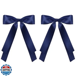 5.5in Navy Blue Big Hair Bows Clips for Women Solid Satin Ribbon Ponytail Hai - Picture 1 of 5