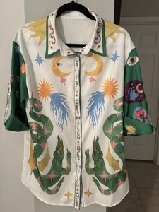 Damen Boho Grafik Shirt Drachen Sonne Mond Print Leinen Gr. XL - Bild 1 von 9