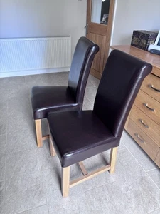 2 Oak Furniture Land Brown Leather Scroll Back Solid Oak Legs Dining Chairs - Picture 1 of 8