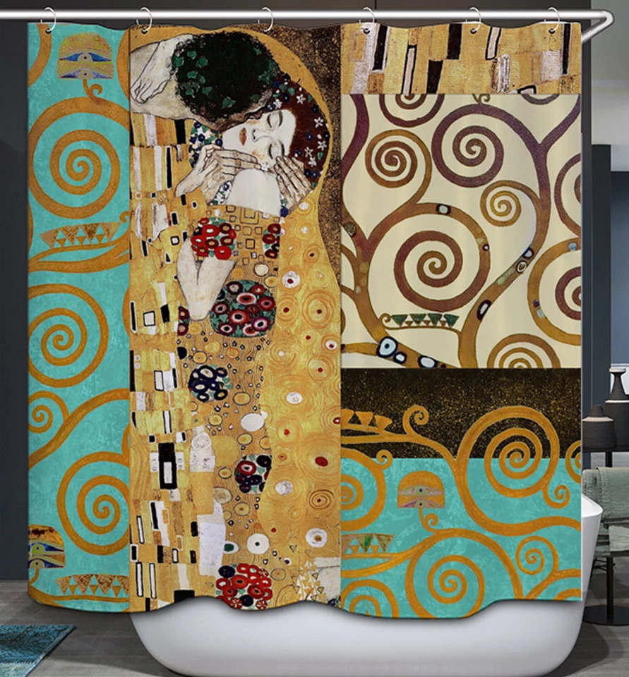 Cortina de ducha de tela artística asiática 70x70 diseño de remolino de geisha oriental dorado verde azulado  Foto 1 de 1