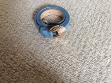 Jigsaw pale blue belt with gold detailing and shelll buckle approx 98cm