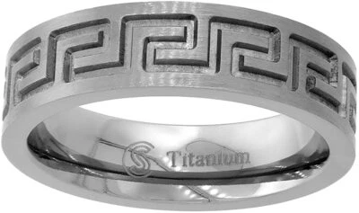 6mm Titanium Wedding Band Ring Greek Key Flat Ring Comfort Fit Size 6 to 14 - Image 1 of 4