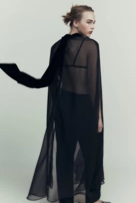 Zara Black Chiffon & Velvet Cape Long New M - Image 1 of 3