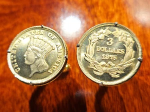 1875 Native American Indian Princess Head Three Dollar Gold Tone Coin Cufflinks - Picture 1 of 5