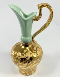 Vintage Miniature Porcelain Pitcher 24K Gold Trim Turquoise Blue 7.5" - Picture 1 of 6