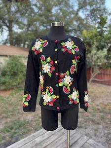 Vintage Talbots Crochet Appliqué Fruit Flowers Knit Cardigan Sweater - Picture 1 of 9