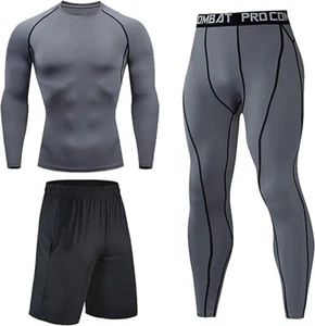 Mens 3pc compression set t-shirt base layer shorts and leggings running BJJ Gym - Picture 1 of 3
