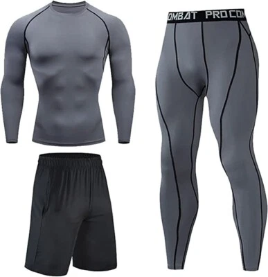 Mens 3pc compression set  t-shirt base layer shorts and leggings running BJJ Gym - Image 1 of 3