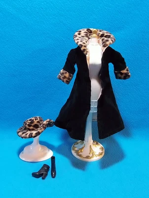 Vintage Barbie Coat Hat Boots Set Black Velvet Leopard Fur Gold Satin - Image 1 of 4