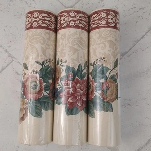 3 Rolls Wallpaper Scalloped Edge Border Burgundy Victorian Floral 5 YD Rolls NEW - Picture 1 of 6
