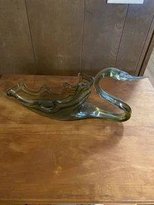 VTG Hand Blown Glass Swan Bowl Green Blue & Brown Colored Swirls - Picture 1 of 4
