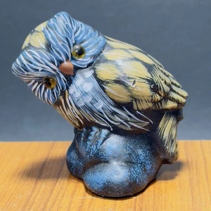 VTG Enesco Blue Brown Owl Sitting Log1989 Ceramic Hand Painted 3.25x3x2 3oz 1 Ch - Picture 1 of 10