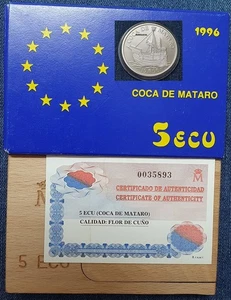 5 ECU PLATA año 1996. COCA DE MATARO. Peso 1 onza TROY 31,10 gr de 999/1000. - Imagen 1 de 3
