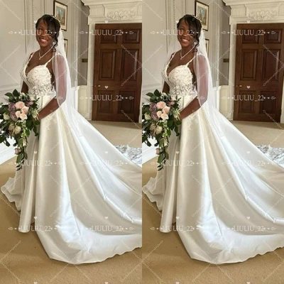 Spaghetti Strap Satin Wedding Dresses Lace Appliques Sweep Train Bridal Gowns - Image 1 of 4
