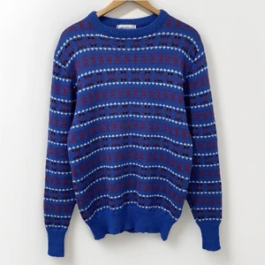 Vtg 90s Women's Sierra Woolens Jumper M/L Blue 100% Wool Knit Nordic Fair Isle - Picture 1 of 20
