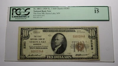 $10 1929 Heron Lake Minnesota MN National Currency Bank Note Bill #5383 F15 PCGS - Image 1 of 4