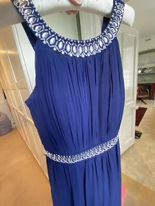 NWT -NAVY EVENING DRESS BY ‘BLUE VANILLA’ LONG DRESS-GRECIAN DIAMANTÉS - SIZE 12 - Picture 1 of 15