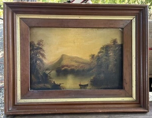 Antique 18th C. Plein-air Lake, boat, trees Impressionist Landscape Oil Painting - Picture 1 of 6