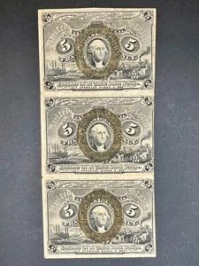 US 5c Fractional Currency Fr. 1232 (Second Issue) – Uncut Vertical Strip of (3) - Picture 1 of 2