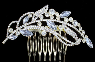 Leaf Clear Rhinestone Crystal Tiara Hair Side Comb Bridal Wedding Gold Pl H1932G - Image 1 of 4