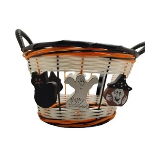 Halloween Treat Basket Plastic Weave Folk Art Wooden Witch Ghost Cat Not Scary - Picture 1 of 8
