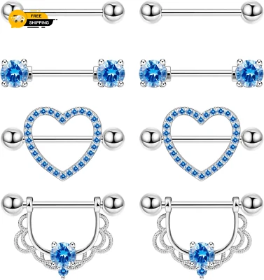 4 pares de anillos de pezón de titanio 14G G23 para mujer corazón flor circonita cúbica barra pezón Foto 1 de 4