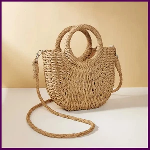 Handwoven Straw Rattan Half-Moon Beach Handbag Large Capacity Women Summer - Picture 1 of 24