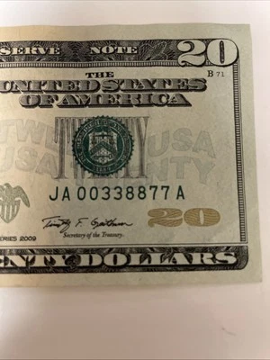 Quad Doubles Very Fancy Serial $20 Bill 2009 Great Condition US Currency - Image 1 of 4