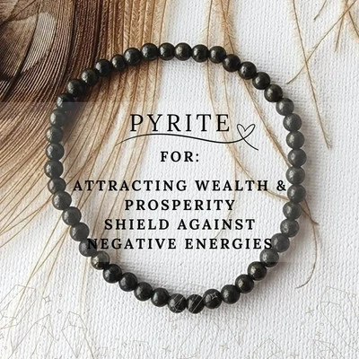 Pulsera elástica de cristal de protección curativa con cuentas de pirita de bronce natural de 4 mm Foto 1 de 4