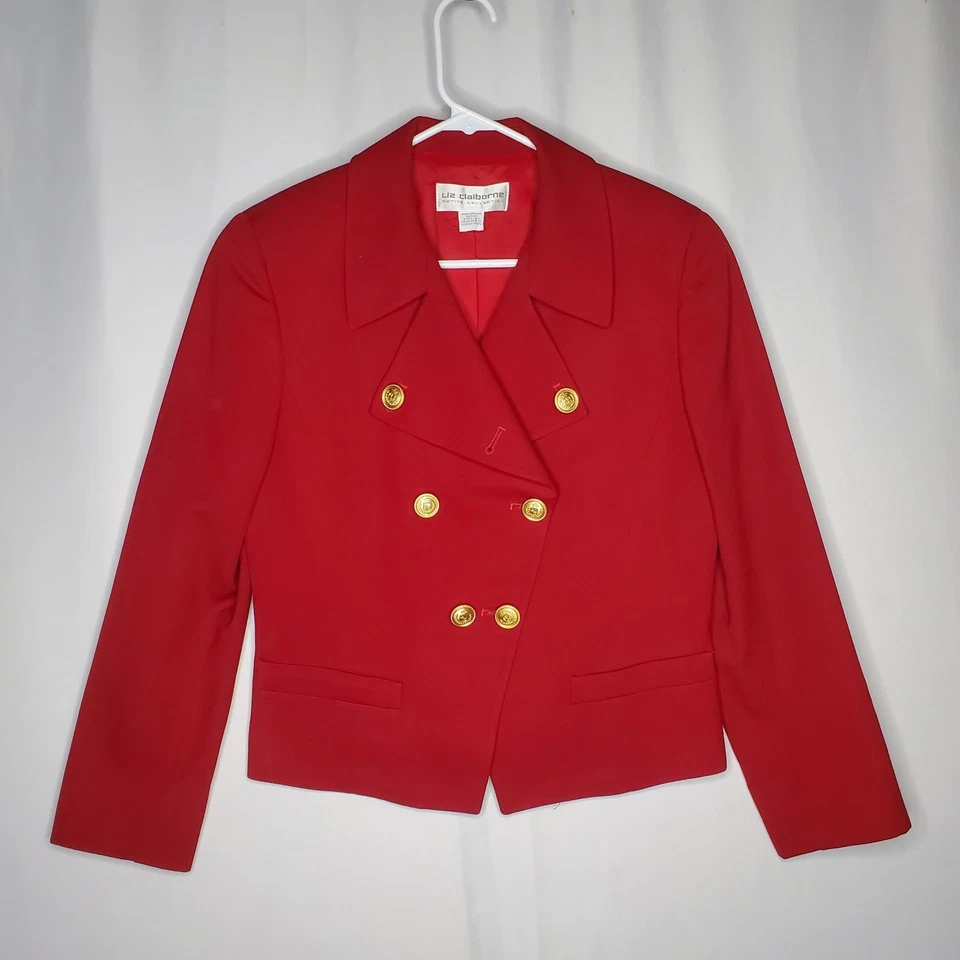 Blazer corto Liz Claiborne Union de colección para mujer 8P rojo lana dorado botón pecho doble Foto 1 de 4