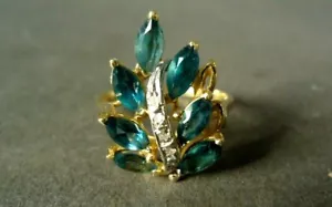 Anillo de oro amarillo 14K con diseño de topacio y hoja de diamante, firmado AVI, 3,6 g, talla 7,85 - Imagen 1 de 12
