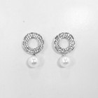 E0511 Silver Tone Clear Rhinestones Mini Circle Shape Pearl Dangle Stud Earrings
