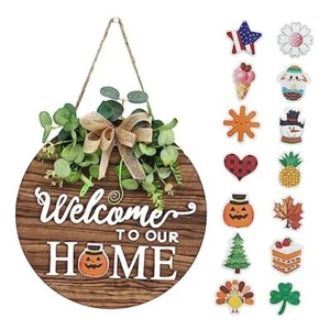 Interchangeable Seasonal Welcome Sign Front Door Decoration, Rustic Round 12" - Picture 1 of 8
