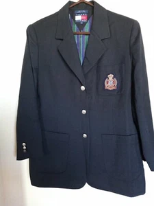 Vintage TOMMY HILFIGER Navy Blue 100% Wool Brass Buttons Crest Logo Blazer Sz 14 - Picture 1 of 4