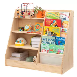 4 Tier Kids Wooden Bookshelf 6-Layer Sling Bookcase Storage Book Rack Organizer - Picture 1 of 10
