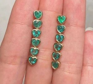 14K Yellow Gold Plated 2.0Ct Emerald Cut Simulated Emerald Drop Dangle Earring - Picture 1 of 9