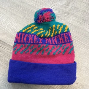 Mickey's Stuff For Kids Vintage Beanie Pompoms Knit Hat Winter Blue Pink 90s - Picture 1 of 5