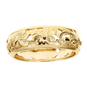 Hawaiian Heirloom Jewelry 14k Yellow Gold Cut Out Hibiscus Dome 6mm Ring - Picture 1 of 3