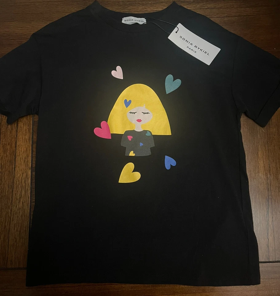 Camiseta manga curta preta nova com etiquetas Sonia Rykiel meninas tamanho 10 com logotipo multicolorido - Imagem 1 de 4