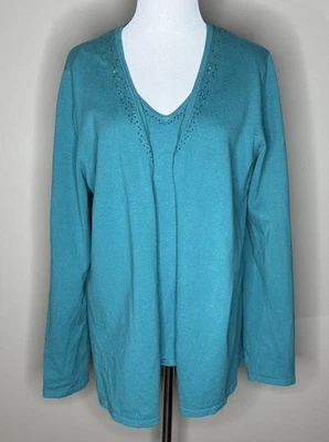 Conjunto de 2 cárdigan suéter camiseta sin mangas LIZ LONG Maternity adornado en verde azulado talla L. Foto 1 de 4