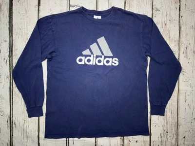 VTG Adidas Graphic Logo Front 1990s Men's Navy Blue Long Sleeve T-Shirt - Sz L - Image 1 of 4