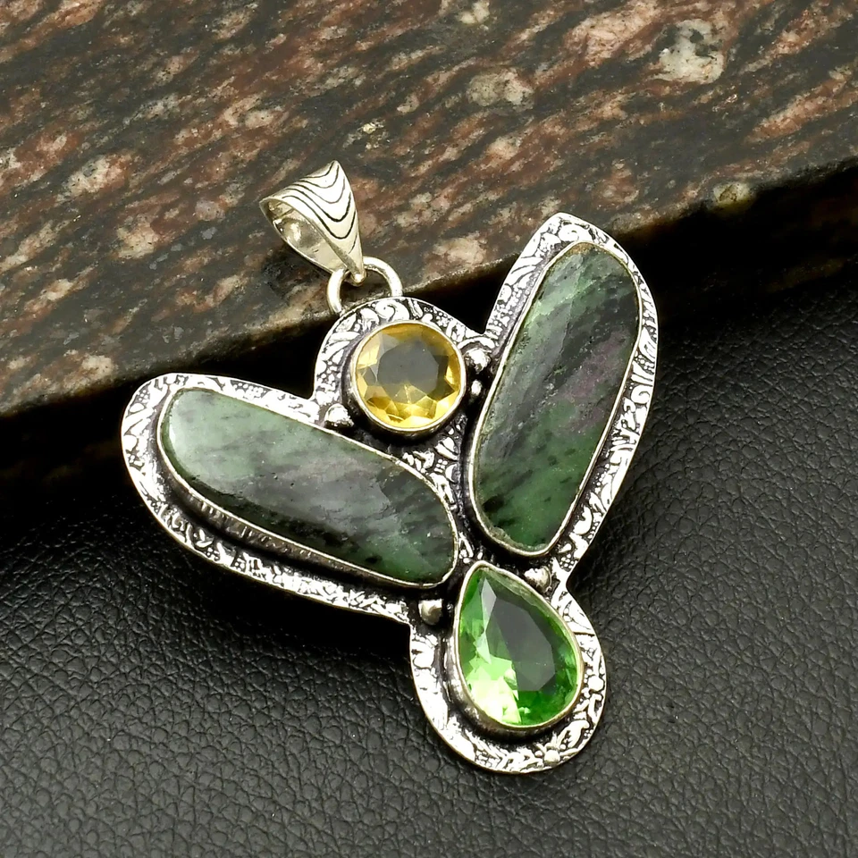 Rubí Zoisita Peridoto Piedras Preciosas Étnico Hecho a Mano Colgante Joyería Regalo 2.2" AP-44671 Foto 1 de 1