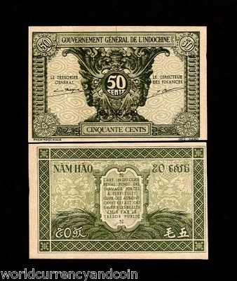 FRENCH INDO CHINA 50 CENTS P-91 1942 UNC VIETNAM CURRENCY MONEY BILL BANK NOTE - Image 1 of 4