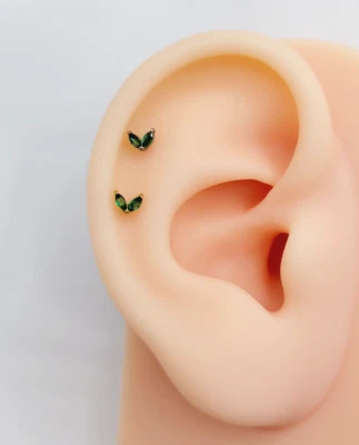 20G/18G/16G Titanium Emerald CZ Leaf Push Pin Labret Threadless FlatBack Earring - Image 1 of 4