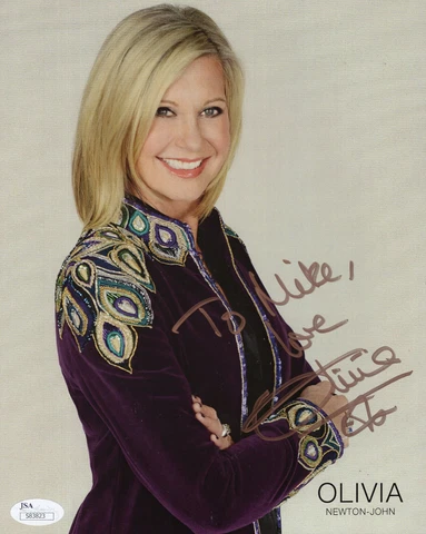 OLIVIA NEWTON JOHN HAND SIGNED 8x10 PHOTO      LOVELY POSE      TO MIKE      JSA Cover