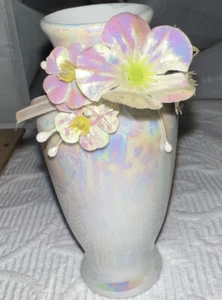 Vintage Mother of Pearl Glaze Miniature Vase with Iridescent Flowers - Picture 1 of 4