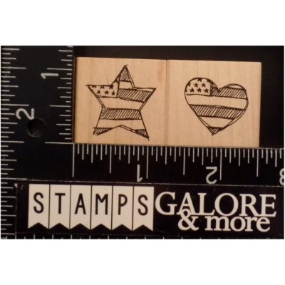 Heather Rubber Stamps SET 2 COUNTRY SKETCHED AMERICAN FLAG HEART & STAR #W12 - Image 1 of 2